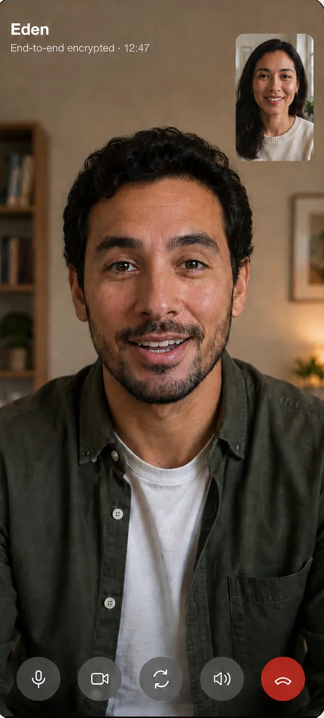 A video call with Eden, end-to-end encrypted, twelve minutes in