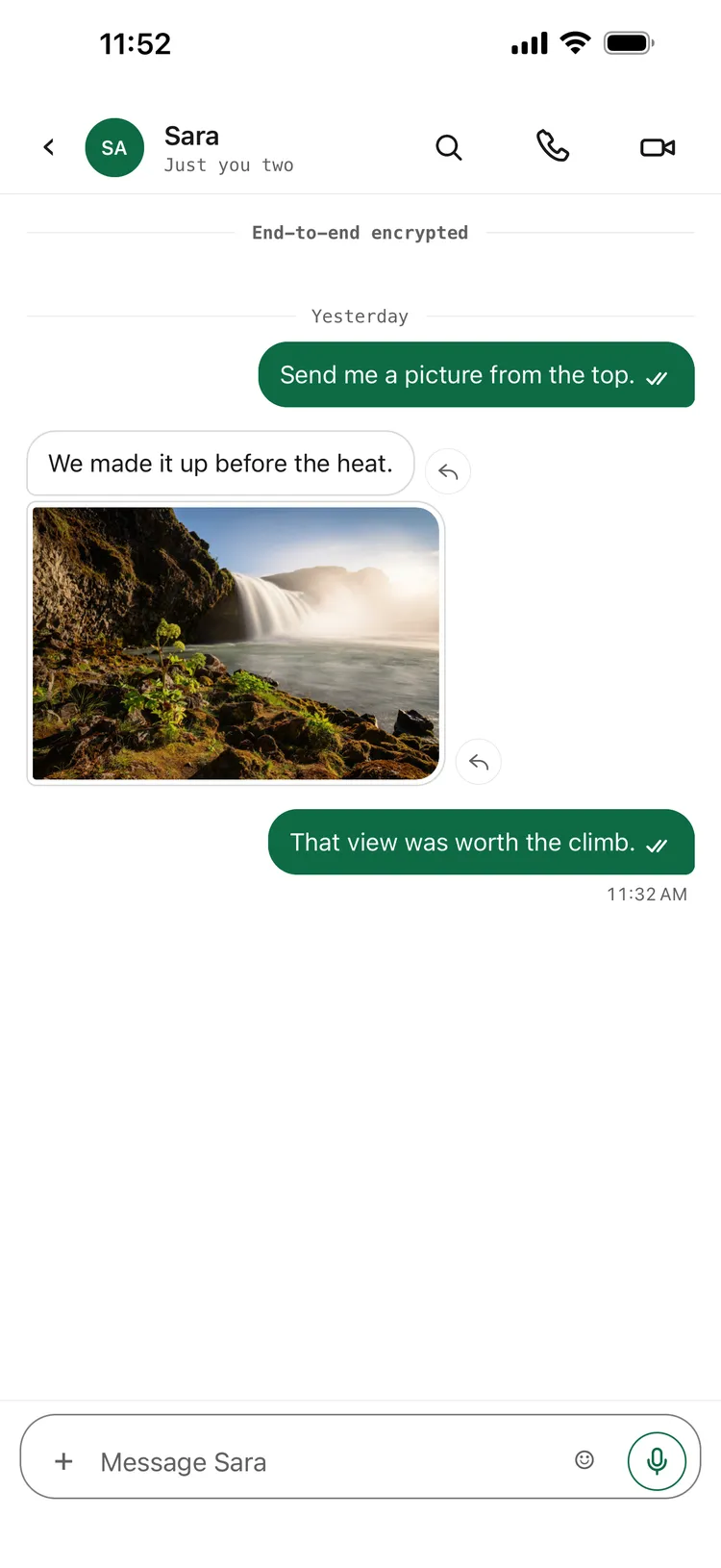A waterfall photo from Sara, sent sealed: encrypted on the phone, stored as ciphertext