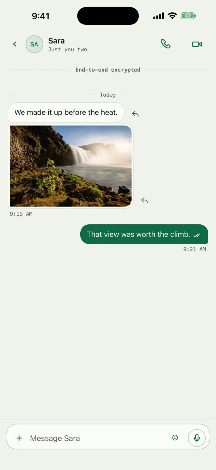 A waterfall photo from Sara, sent sealed: encrypted on the phone, stored as ciphertext