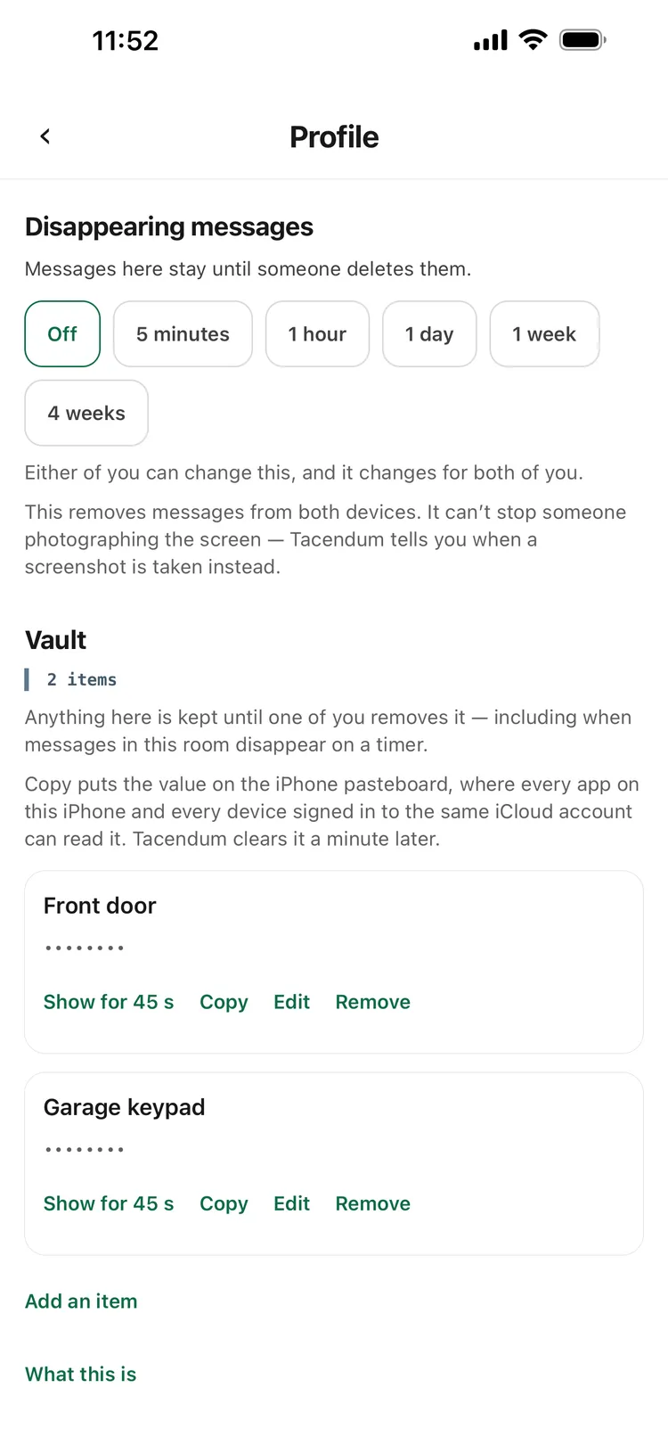 The vault with Sara: a garage keypad and a front door code, kept masked