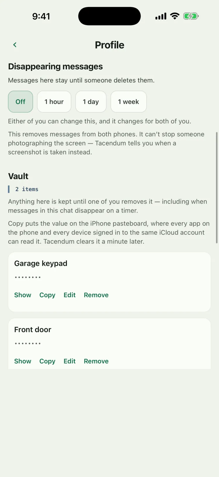 The vault with Sara: a garage keypad and a front door code, kept masked